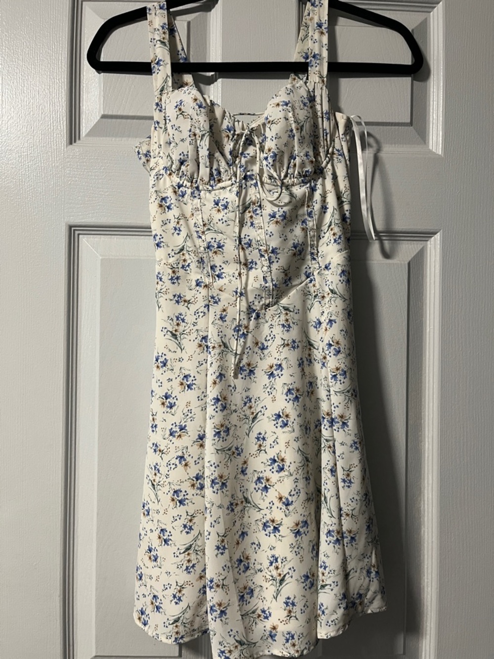 Windsor White Floral Spaghetti Strap Dress with Blue Accents
